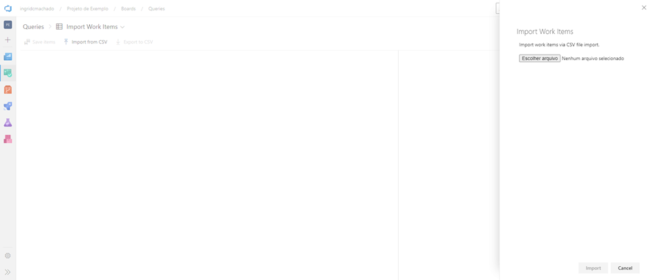 Tela de importação de work items